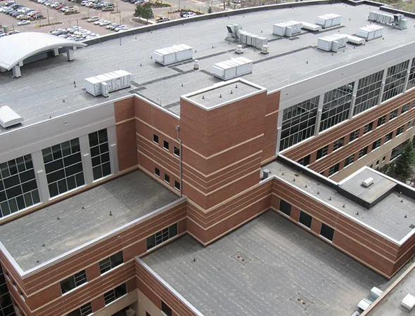 A large commercial building featuring numerous windows and a prominent roof, showcasing modern architectural design.